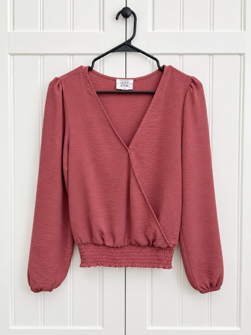 Olive & Oak Dusty Rose Wrap Front Blouse Size Large Smocked Hem Long Sleeve